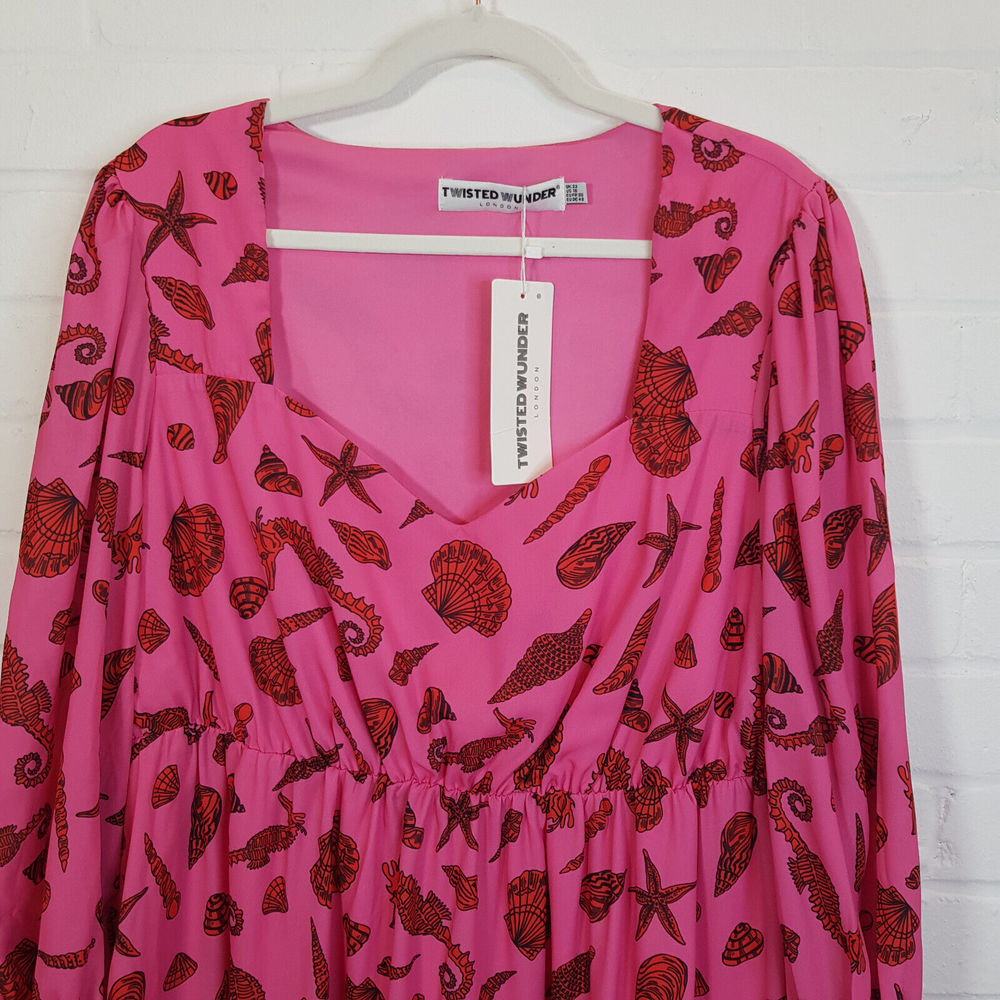 Twisted Wunder Pip Seashell Print Mini Dress UK 22 Pink Chiffon Funky Plus BNWT - Picture 4 of 13